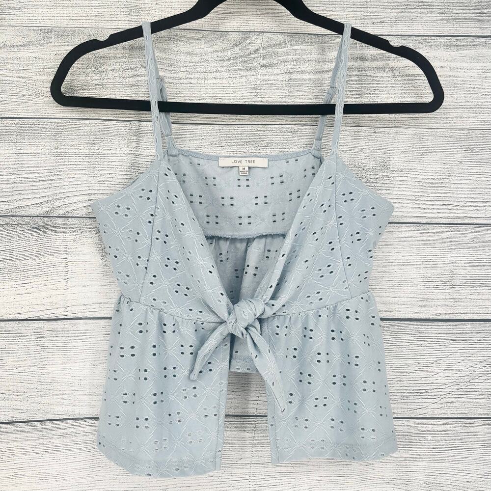 Love Tree Sky Blue Open Tie Front Cropped Eyelet Lace Cami Size M
